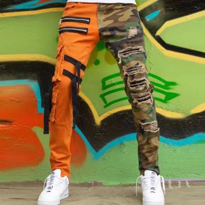 China 2022 fashion men jeans breathable hot pants camouflage straight patchwork with ribbons ripped cargo mens skinny jeans for sale