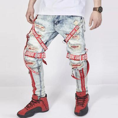 China Latest Design 2022 Wholesale Custom Breathable Strappy Denim Ripped Skinny Hole Plus Size Mens Jeans Pants for sale