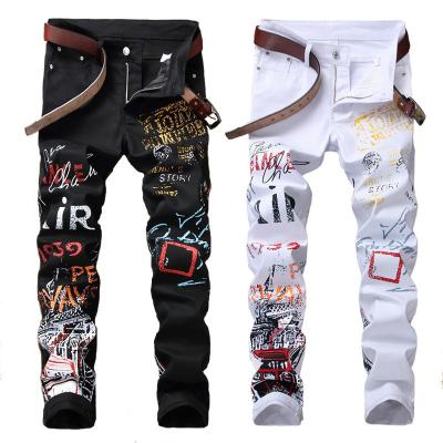 China High Street Fashion Designer Printed Jeans Men's Breathable Jeans Mens White Black White Personal Punk Pants Hip Hop Skinny Jeans for sale