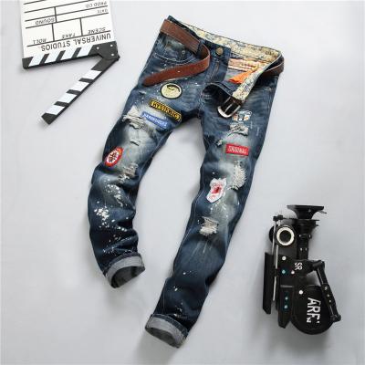 China New Breathable Jeans Patch Hole Splatter Ripped Ink Slim Fit Pants Used Ragged Mens Fitting Straight Slim Men Jeans Pants for sale