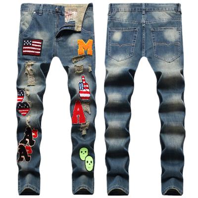 China 2022 Breathable Straight Slim Fit Embroidered Patches Digital Print Chinos Custom Jeans Stretch Mens Pants For Men for sale