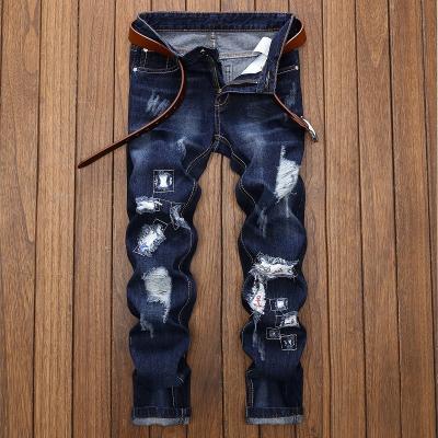 China New Style High Quality Breathable Original Custom Vintage Hole Patch Embroidered Mens Slim Bottom Pants Ripped New Long Pants Jeans Para Hombr for sale