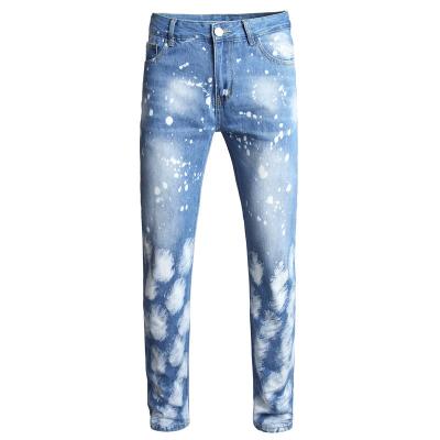 China Designer Breathable Jeans Creative White Waist Quality Splatter Ink Printed Blue Wash Denim Street Style Pants Printed Mens Jeans Pants for sale