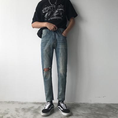 China Wholesale Custom Breathable Jean Wash Blue Slim Fit Casual Skinny Distressed Pants Ripped Jeans Pants For Man for sale