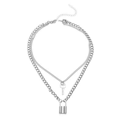 China Environmentally friendly European and American lock Double-layer and key punk alloy pendant necklace for sale