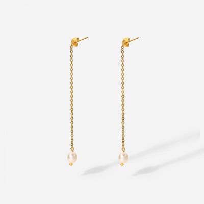 China TRENDY 18K Gold Plated Stainless Steel Long Chain Pearl Dangle Earrings for sale