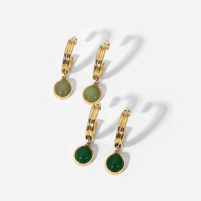 China TRENDY 18K Gold Plated Stainless Steel Vintage Green Agate Dangle Earrings for sale