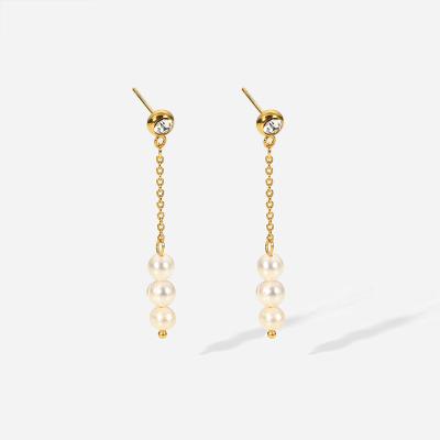 China TRENDY Stainless Steel 14K Gold Plated Waterproof Long Chain Pearl Earrings for sale