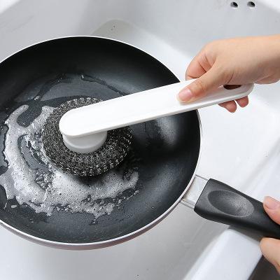 China Stored home can hang a long handle brush, kitchen dish cleaning brush, pp steel wire ball dishwashing brush for sale