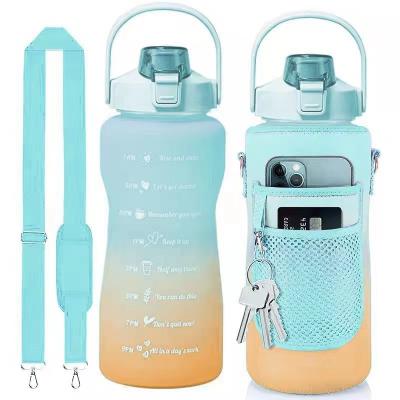 China 64oz/2l 2.2l Half Gallon Gym Viable Motivational Water Bottle With Sleeve Carrier Storage Phone Pouch And Tie Bpa Free for sale