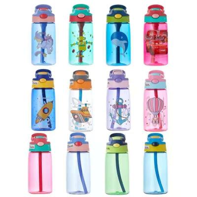 China 480ml Bpa Free Outdoor Leakproof Portable Cartoon Anti-drop Travel School Plastic Stocked Plastic Water Bottle With Straws for sale