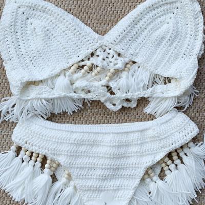 China Breathable Handcrafted Two-Piece Swimwear Swimsuit With Tassel Women's White Color Crochet Swimwear for sale