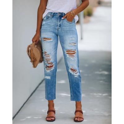 China 2021 Simple Viable Temperament Jeans Ripped Women's Slim Washed Jeans for sale