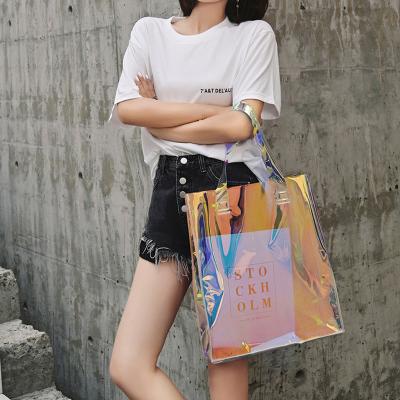 China 100% Eco-friendly Transparent Holographic Iridescent PVC Tote Bag Clear Laser Handbag Fashion Hologram Iridescent Shopping Bags for sale