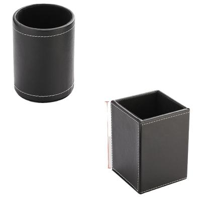 China Wooden Leather Wire Mesh Pencil Cup Pen Holder PU Pen Organizer Round Office Leather Desk Table for sale