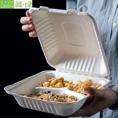 China Disposable Easy Green Bagasse Clamshell 3 Compartment Microwave Eco Friendly Takeaway Container for sale