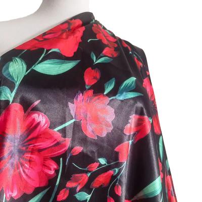 China Stretch Silky Shiny Knitted Crepe Satin With Red Flower Printing For Beach Dress for sale