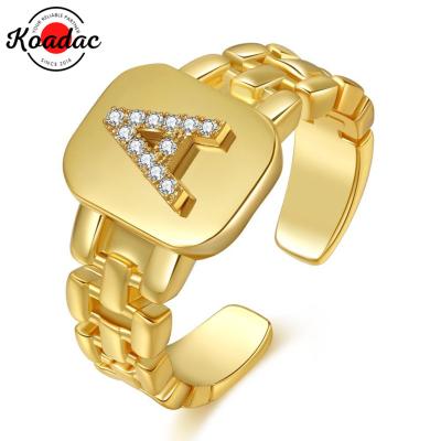 China CLASSIC Alphabet Gold Plated Link Chain Rings Crystal Gemstone Hip Hop Brass Initial Rings for sale