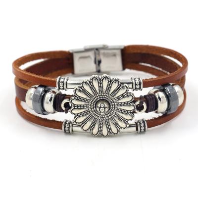 China BOHEMIA Adjustable Size Bohemian Style Brown Genuine Leather Flower Beaded Multilayer Bracelets For Women for sale