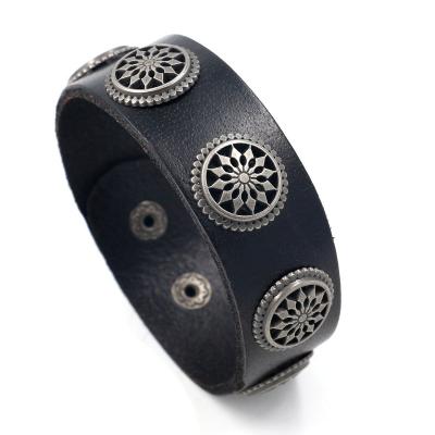 China Punk Punk Leather Bracelets For Men Vintage Alloy Rivet Snap Button Cowhide Wide Bracelets for sale