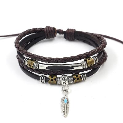 China New Vintage Jewelry Men's Dize Bracelets Adjustable Multilayer Leather Cord Multi-Piece for sale