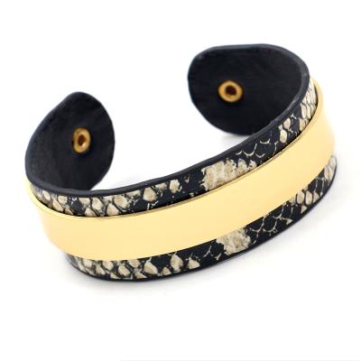 China Fashionable Wholesale Personalized C Shaped Cuff Bracelets Women Accessories PU Snakeskin Pattern Cuff Bracelets Leather Trim Bangles for sale