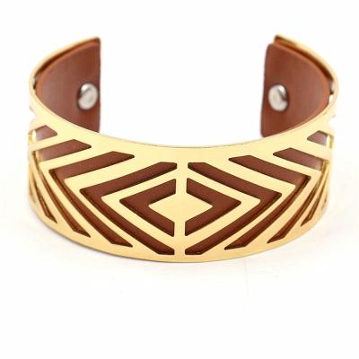 China Open Geometry Gold Plated Leather Wide Exchangeable Trendy Hollow Cuff Bangles Party Jewelry Open Bangle for sale