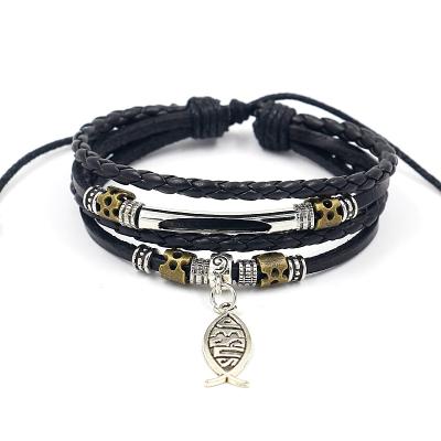 China New Religious Jesus Fish Pendant Charm Leather Bracelets Braided Wrap Bracelets Adjustable Handmade Jewelry For Men And Women for sale