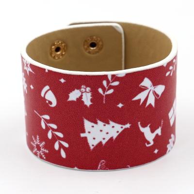 China FASHIONABLE Custom Printed LOGO Christmas Jewelry PU Christmas Pattern Printed Leather Snap Buckles Wide Bracelets for sale