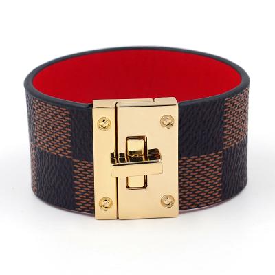 China FASHIONABLE Wholesale Gold PU Leather Bracelets Plaid Lock Alloy Bracelets Fashion Customization Wide Bracelets For Women for sale