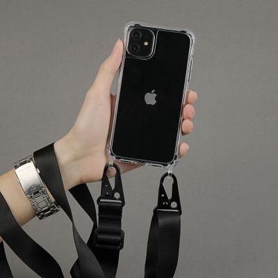 China Shockproof Acrylic Cell Phone TPU Collar Case With Detachable Polyester Strap Metal Case For I Phone Model for sale