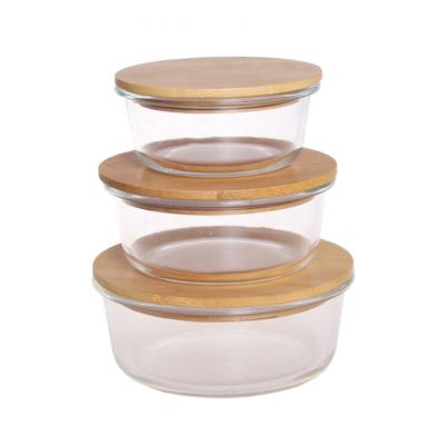 China Microwavable Glass Food Storage Box And Bins Material Rectangle Round Shape Square Bamboo Wood Flat Lid Glass Container For Lunch for sale