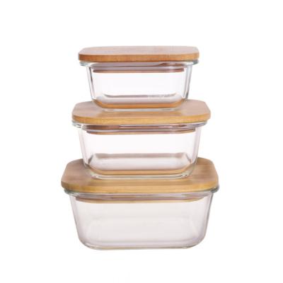 China Heatable Sealed Glass Bowl With Bamboo Lid High Borosilicate Glass Food Storage Box In Kitchen for sale