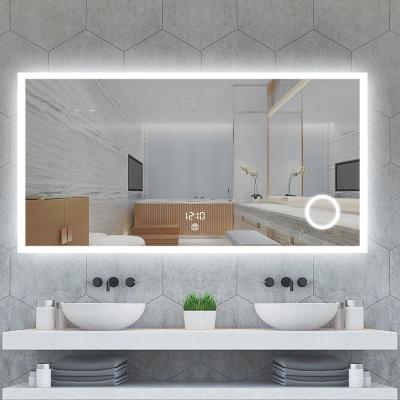 China 60*80cm Bathroom Enlarging Wall Mounted Rectangular Illuminated Led Mirror With Touch Sensor Demister Clock for sale