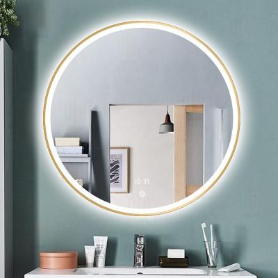 China Hotel Wall Mounted Illuminated Backlit Round Frame Mirror Golden Round Round Led for sale