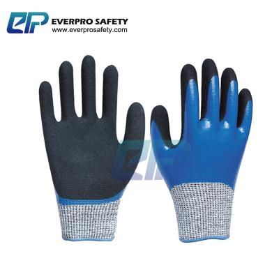 China OEM Welcome Cut Full Blue Nitrile Sandy Palm Coated Work Gloves Heavy Duty Level 5 HPPE Coating for sale