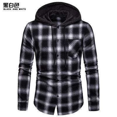 China New autumn breathable long-sleeved shirts for men and men's hooded plaid color-blocking long-sleeved shirts for sale