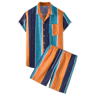 China Men's Summer Sports Five-point Pants Of Lapel Breathable Casual Hawaiian Striped Short Sleeve Shirt Beach Wear Suit for sale