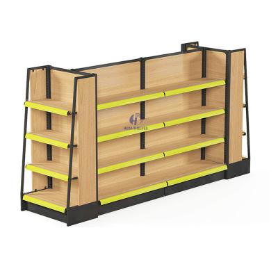 China Miniso Style Single Sided/Double Sided Wholesale Price of Supermarket Shelves Metal Grocery Store Wooden Store Shelves for sale