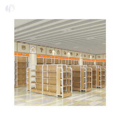 China Lovely Single Sided / Double Sided Storage Grocery Display Racks Retail Gondola Shelving Wooden Miniso Shop Shelf for sale