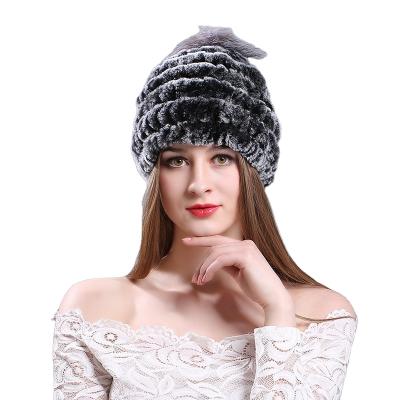 China COMMON winter hat cap women knitted real rex rabbit fur hats with silver fox fur pom poms ladies winter hat with fur balls for sale