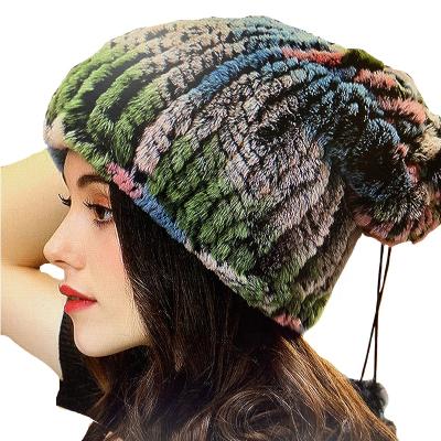 China 2021 COMMON Christmas Fur Santa Hat Women Rex Rabbit Real Fur Knit Woven Hat With 2 Pompoms Strong Elastic Ladies Woven Fur Santa Hats for sale