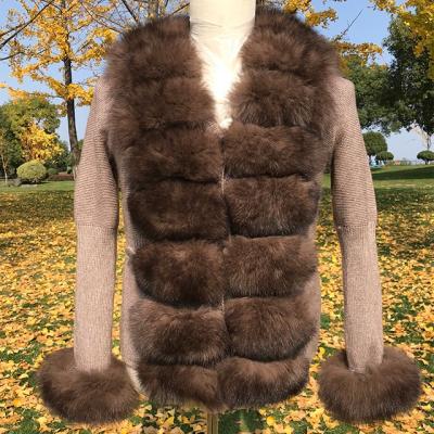 China Plus Size Women Soft Wool Sweater With Fox Fur V Neck Collar Winter Ladies Fox Fur Coat Sweater Fashion Custom Fox Fur Jackets for sale