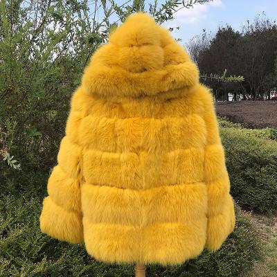 China Anti-wrinkle woman fur coat plus size fox fur jackets with larger hooded fox fur stripes for sale