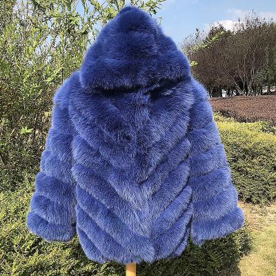 China New Design Women Anti-wrinkle Long Fur Autumn Winter Warm Blue Fox Coat With Bigger Fur Hood Jacket For Lady for sale