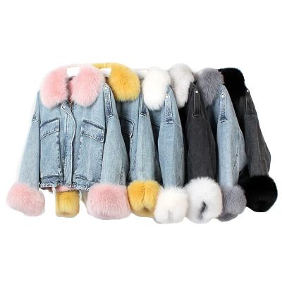 China Anti-wrinkle parka jacket women real fox fur denim jacket with real rabbit fur lining long lattice jacket for ladies for sale