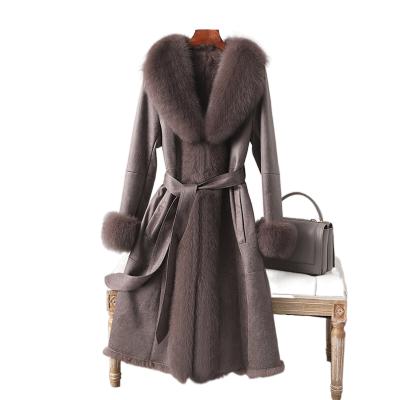 China Real Rabbit Women Anti-wrinkle Long Skin Fur Coat With Bigger Long Fox Fur Collar And Sleeves Cuffs Plus Size Fur Coat for sale