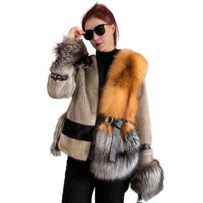 China Winter Fashion Lady Real Mink Fur Coat With Luxury silver fox fur Anti-wrinkle on the bottom saga Fox natural red fur coats for sale