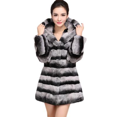 China Anti-wrinkle chinchilla color rex rabbit fur coat women fashion rabbit fur long coat with bigger soft hood plus size winter coats for sale