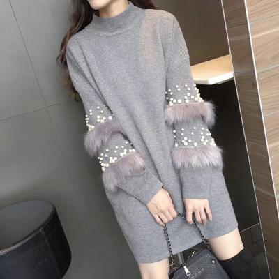 China Breathable Women Winter Pullovers Sweater With Fox Fur Trim And Pearl On Sleeves Real Fox Fur Jacket Sweater for sale